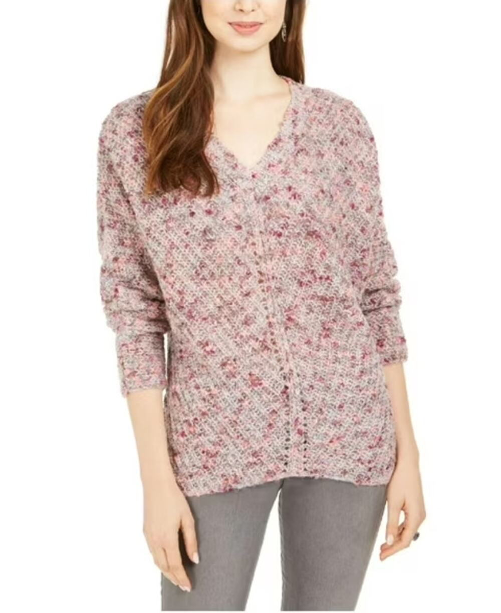 Style & Co NWT Pink Multi Pointelle Knit V-Neck Sweater Oversized XS Soft Cozy